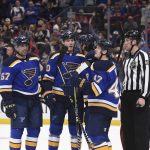 
              St. Louis Blues center Oskar Sundqvist (70) is congratulated after his goal against the Washington Capitals during the second period of an NHL hockey game Friday, Jan. 7, 2022, in St. Louis. (AP Photo/Joe Puetz)
            