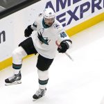 San Jose Sharks' Tomas Hertl reacts after scoring against the Seattle Kraken in the first period of an NHL hockey game Thursday, Jan. 20, 2022, in Seattle. (AP Photo/Elaine Thompson)
