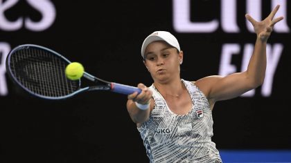 Ash Barty of Australia plays a forehand return to Madison Keys of the U.S. during their semifinal m...