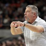 
              Auburn head coach Bruce Pearl reacts to a call during the first half of an NCAA college basketball game against Oklahoma Saturday, Jan. 29, 2022, in Auburn, Ala. (AP Photo/Butch Dill)
            