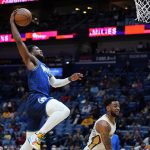 
              Minnesota Timberwolves guard Malik Beasley (5) drives to the basket in the first half of an NBA basketball game against the New Orleans Pelicans in New Orleans, Tuesday, Jan. 11, 2022. (AP Photo/Gerald Herbert)
            