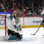 
              San Jose Sharks goaltender James Reimer (47) blocks a shot by Washington Capitals center Nicklas Backstrom (19) during the third period of an NHL hockey game, Wednesday, Jan. 26, 2022, in Washington. The Sharks defeated the Capitals 4-1. (AP Photo/Evan Vucci)
            