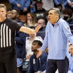 
              Villanova head coach Jay Wright, right, shouts at a referee during the first half of an NCAA college basketball game against St. John's, Saturday, Jan. 29, 2022, in Villanova, Pa. (AP Photo/Laurence Kesterson)
            