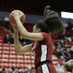 
              Stanford guard Haley Jones grabs a rebound during the first half of an NCAA college basketball game against Washington State, Sunday, Jan. 2, 2022, in Pullman, Wash. (AP Photo/Young Kwak)
            