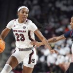 
              South Carolina guard Bree Hall (23) dribbles the ball against Mississippi guard Angel Baker, right, during the first half of an NCAA college basketball game Thursday, Jan. 27, 2022, in Columbia, S.C. (AP Photo/Sean Rayford)
            