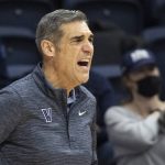 
              Villanova head coach Jay Wright shouts from the sideline during the second half of an NCAA college basketball game against DePaul, Tuesday, Jan. 25, 2022, in Villanova, Pa. (AP Photo/Laurence Kesterson)
            
