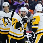 
              Pittsburgh Penguins' Evan Rodrigues (9), Bryan Rust (17) and John Marino (6) celebrate after a goal by Rust during the first period of an NHL hockey game against the Philadelphia Flyers, Thursday, Jan. 6, 2022, in Philadelphia. (AP Photo/Matt Slocum)
            