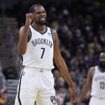 
              Brooklyn Nets' Kevin Durant reacts during the second half of the team's NBA basketball game against the Indiana Pacers, Wednesday, Jan. 5, 2022, in Indianapolis. (AP Photo/Darron Cummings)
            