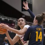 
              Stanford guard Haley Jones (30) looks to shoot against California guard Alma Elsnitz (14) during the first half of an NCAA college basketball game in Stanford, Calif., Friday, Jan. 21, 2022. (AP Photo/Tony Avelar)
            