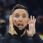
              Brooklyn Nets head coach Steve Nash instructs his players in the first half of an NBA basketball game against the Cleveland Cavaliers, Monday, Jan. 17, 2022, in Cleveland. (AP Photo/Tony Dejak)
            