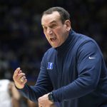 
              Duke head coach Mike Krzyzewski shouts at an official during the first half of an NCAA college basketball game against Virginia Tech in Durham, N.C., Wednesday, Dec. 22, 2021. (AP Photo/Ben McKeown)
            