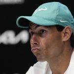 
              Spain's Rafael Nadal reacts during a press conference ahead of the Australian Open tennis championships in Melbourne, Australia, Saturday, Jan. 15, 2022. (AP Photo/Simon Baker)
            