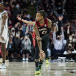 
              Portland Trail Blazers guard Ben McLemore (23) reacts after making a 3-point basket against the Brooklyn Nets during the second half of an NBA basketball game in Portland, Ore., Monday, Jan. 10, 2022. (AP Photo/Craig Mitchelldyer)
            
