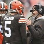 
              Cleveland Browns head coach Kevin Stefanski, right, talks with quarterback Case Keenum during the first half of an NFL football game against the Cincinnati Bengals, Sunday, Jan. 9, 2022, in Cleveland. (AP Photo/Nick Cammett)
            
