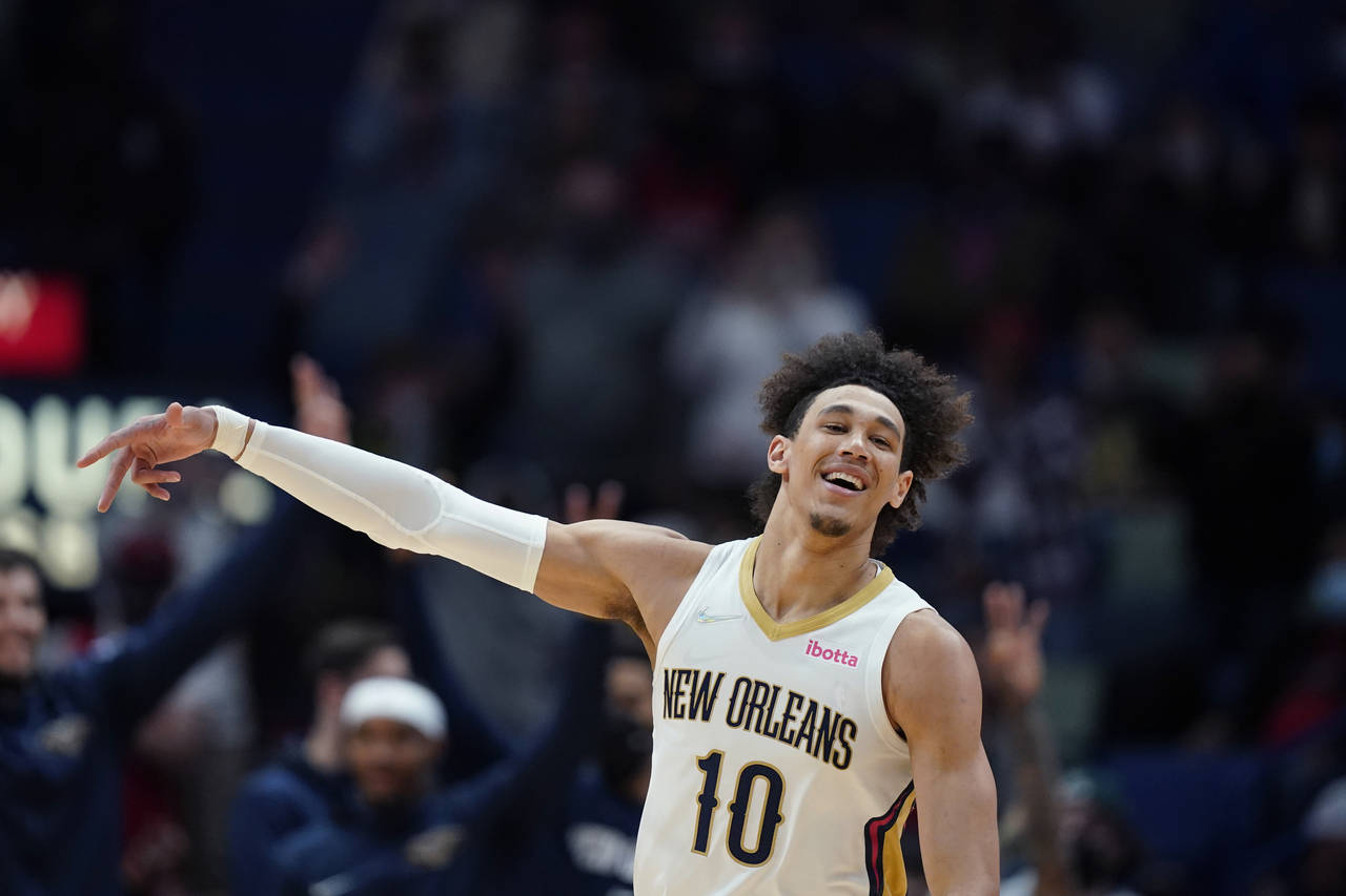 New Orleans Pelicans center Jaxson Hayes (10) celebrates after making a 3-point shot in the second ...