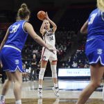 
              Connecticut's Dorka Juhasz (14) shoots from the 3-point area in the second half of an NCAA college basketball game against Creighton, Sunday, Jan. 9, 2022, in Storrs, Conn. (AP Photo/Jessica Hill)
            