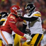 
              Pittsburgh Steelers quarterback Ben Roethlisberger (7) is sacked by Kansas City Chiefs defensive end Tershawn Wharton (98) during the first half of an NFL wild-card playoff football game, Sunday, Jan. 16, 2022, in Kansas City, Mo. (AP Photo/Ed Zurga)
            