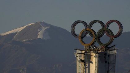 Olympic Rings assembled atop of a structure stand out near a ski resort on the outskirts of Beijing...