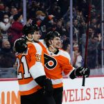 
              Philadelphia Flyers' Travis Konecny, right, and Scott Laughton celebrate after a goal by Konecny during the second period of an NHL hockey game against the New York Islanders, Tuesday, Jan. 18, 2022, in Philadelphia. (AP Photo/Matt Slocum)
            