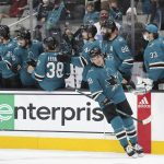 
              San Jose Sharks right wing Timo Meier (28) is congratulated after scoring a goal during the second period against the Los Angeles Kings during an NHL hockey game in San Jose, Calif., Monday, Jan. 17, 2022. (AP Photo/Darren Yamashita)
            