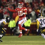 
              Kansas City Chiefs quarterback Patrick Mahomes (15) throws a pass during the first half of an NFL wild-card playoff football game against the Pittsburgh Steelers, Sunday, Jan. 16, 2022, in Kansas City, Mo. (AP Photo/Travis Heying)
            