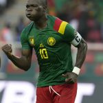 
              Cameroon's captain Vincent Aboubakar celebrates scoring his second goal of the match, during the African Cup of Nations 2022 group A soccer match between Cameroon and Burkina Faso at the Olembe stadium in Yaounde, Cameroon, Sunday, Jan. 9, 2022. (AP Photo/Themba Hadebe)
            