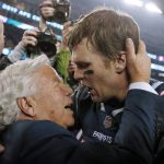 
              FILE - New England Patriots owner Robert Kraft, left, embraces quarterback Tom Brady after defeating the Jacksonville Jaguars in the AFC championship NFL football game, Sunday, Jan. 21, 2018, in Foxborough, Mass. The Patriots won 24-20. Despite reports that he is retiring, Brady has told the Tampa Bay Buccaneers he hasn't made up his mind, two people familiar with the details told The Associated Press, Saturday, Jan. 29, 2022. (AP Photo/Winslow Townson, File)
            