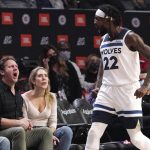 
              Minnesota Timberwolves guard Patrick Beverley celebrates after scoring during the second half of an NBA basketball game against the Los Angeles Clippers Monday, Jan. 3, 2022, in Los Angeles. (AP Photo/Mark J. Terrill)
            
