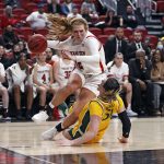 
              Texas Tech's Vivian Gray (12) charges through Baylor's Caitlin Bickle (51) during the second half of an NCAA college basketball game on Wednesday, Jan. 26, 2022, in Lubbock, Texas. (AP Photo/Brad Tollefson)
            