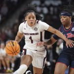 
              South Carolina guard Zia Cooke (1) drives to the hoop against Mississippi guard Lashonda Monk (1) during the first half of an NCAA college basketball game Thursday, Jan. 27, 2022, in Columbia, S.C. (AP Photo/Sean Rayford)
            
