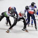 
              FILE - Team Hungary, left and first place, Team Russia, rear right and second place, and Team France, front right, rear left, and third place, compete during the 2,000-meter mixed relay race of the World Cup short track speed skating championship in Dresden, eastern Germany, on Feb. 8, 2020. Short track speedskating is already thrilling with its high-speed crashes and elbows flying. Now, there's a new event adding to the chaos with its Olympic debut in Beijing, the mixed relay race. (AP Photo/Jens Meyer, File)
            