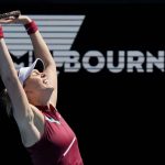 
              Paula Badosa of Spain celebrates after defeating Marta Kostyuk of Ukraine in their third round match at the Australian Open tennis championships in Melbourne, Australia, Friday, Jan. 21, 2022. (AP Photo/Simon Baker)
            