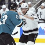 
              Los Angeles Kings left wing Brendan Lemieux (48) and San Jose Sharks left wing Jeffrey Viel (63) prepare to fight during the second period of an NHL hockey game in San Jose, Calif., Monday, Jan. 17, 2022. (AP Photo/Darren Yamashita)
            