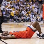 
              Auburn's Allen Flanigan lays on the court after he was fouled during the first half of an NCAA college basketball game against Missouri Tuesday, Jan. 25, 2022, in Columbia, Mo. (AP Photo/L.G. Patterson)
            