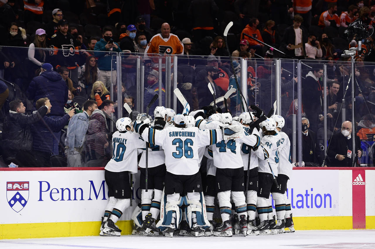 The San Jose Sharks celebrate an overtime victory after a goal scored by Tomas Hertl during an NHL ...