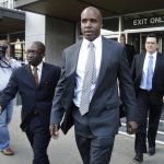 
              FILE - Former baseball player Barry Bonds leaves a federal courthouse on April 8, 2011, during his perjury trial in San Francisco. David Ortiz was elected to the Baseball Hall of Fame in his first turn on the ballot, while steroid-tainted stars Barry Bonds and Roger Clemens were denied entry to Cooperstown in their final year under consideration by the Baseball Writers’ Association of America, on Tuesday, Jan. 25, 2022. (AP Photo/ Paul Sakuma, File)
            