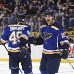 
              St. Louis Blues center Jordan Kyrou (25) is congratulated by Blues center Ivan Barbashev (49) after scoring the game winning goal over the Dallas Stars during the third period of an NHL hockey game Sunday, Jan. 9, 2022, in St. Louis. (AP Photo/Joe Puetz)
            