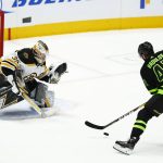 
              Dallas Stars forward Alexander Radulov (47) fakes out Boston Bruins goaltender Linus Ullmark (35) while skating in to score on a breakaway during the first period of an NHL hockey game, Sunday, Jan. 30, 2022, in Dallas. Radulov would score on the play. (AP Photo/Brandon Wade)
            