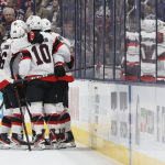 
              Ottawa Senators players celebrate their goal against the Columbus Blue Jackets during the second period of an NHL hockey game, Sunday, Jan. 23, 2022, in Columbus, Ohio. (AP Photo/Jay LaPrete)
            