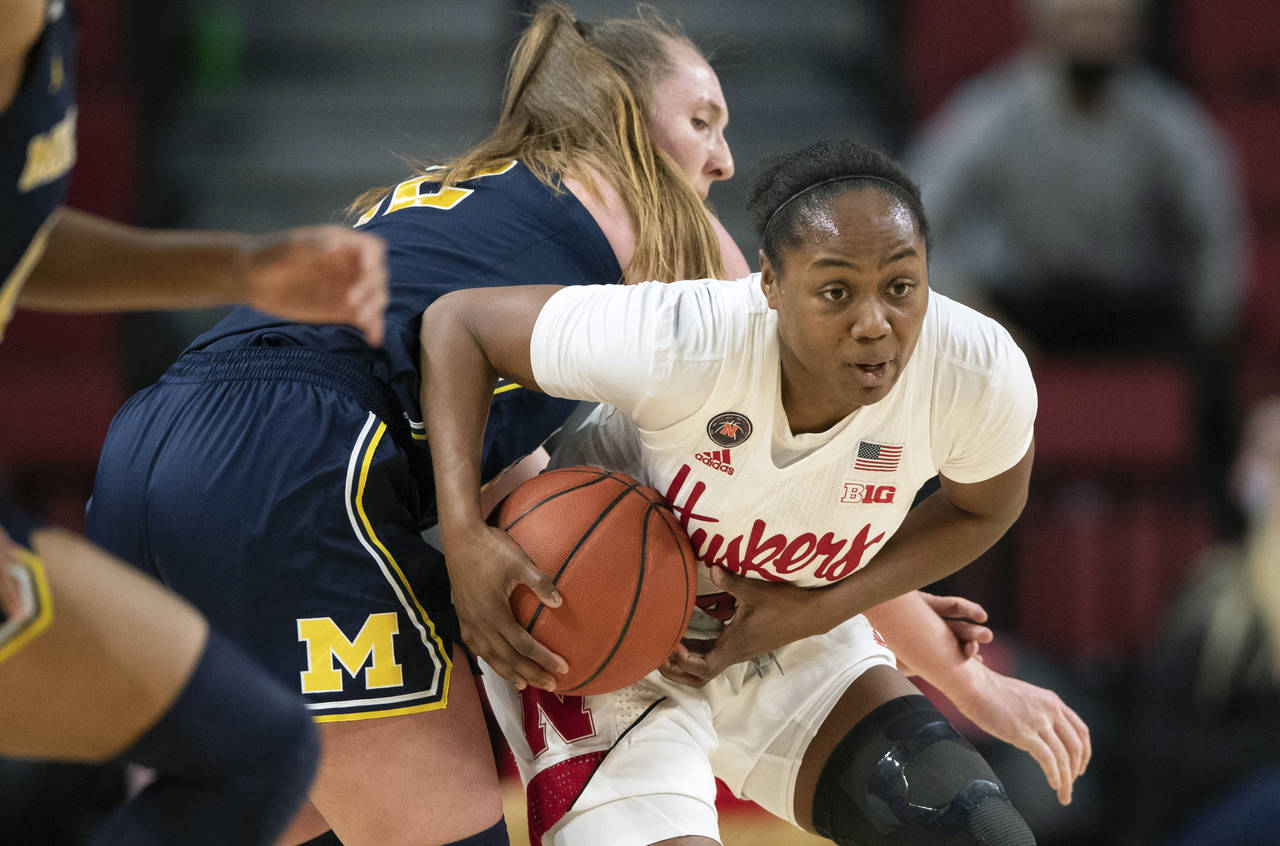 Nebraska's Sam Haiby, right, steals the ball from Michigan's Leigha Brown (32) during the second ha...