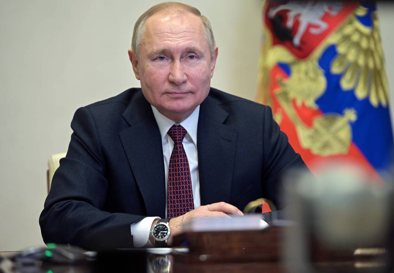 Russian President Vladimir Putin in Moscow, Russia, Tuesday, Jan. 25, 2022. (, Sputnik, Kremlin Poo...