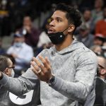 
              New Orleans Pelicans guard Josh Hart argues from the bench for a call during the first half of the team's NBA basketball game against the Denver Nuggets on Friday, Feb. 4, 2022. (AP Photo/David Zalubowski)
            