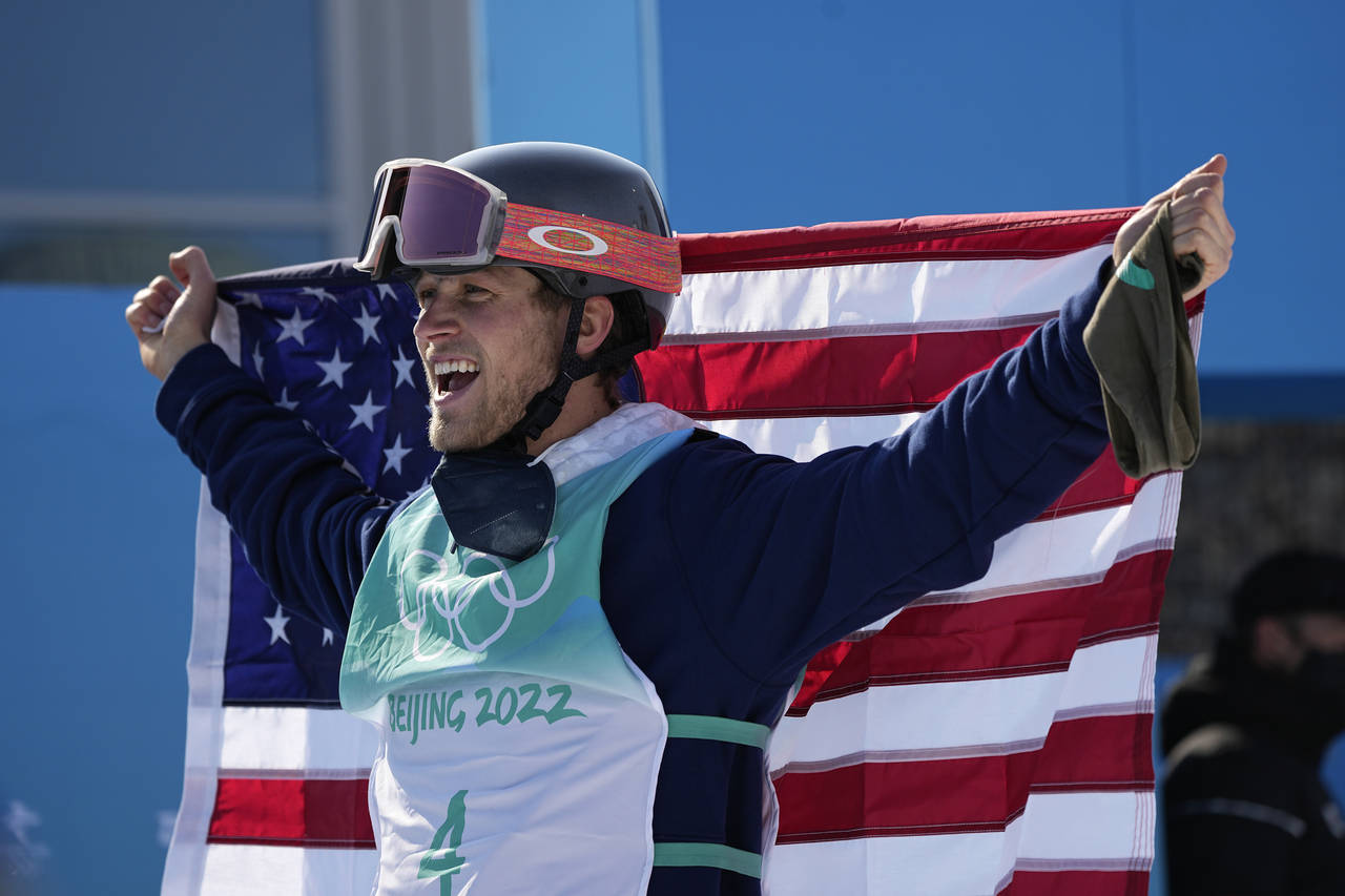 Colby Stevenson of the United States celebrates winning silver in the men's freestyle skiing big ai...