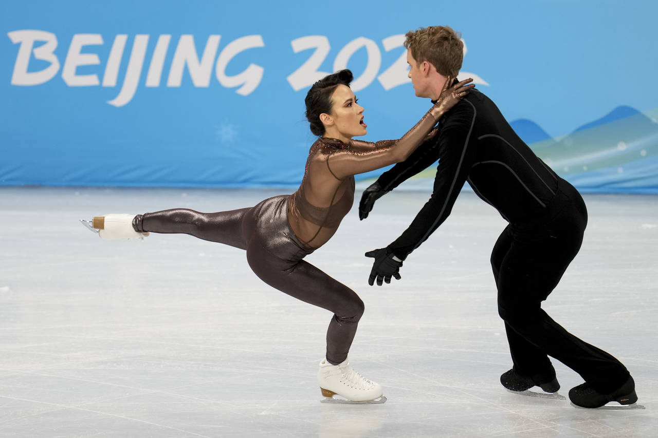 Figure skating couple Madison Chock and Evan Bates, of the USA, practice their dance routine during...