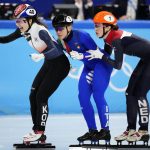 
              Choi Min-jeong, left, of South Korea, crosses the finish line ahead of Arianna Fontana of Italy, Suzanne Schulting, right, of the Netherlands, in the women's 1500-meters final during the short track speedskating competition at the 2022 Winter Olympics, Wednesday, Feb. 16, 2022, in Beijing. (AP Photo/Bernat Armangue)
            
