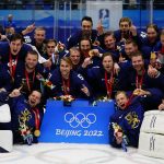 
              Finland players celebrate after defeating Russian Olympic Committee in the men's gold medal hockey game at the 2022 Winter Olympics, Sunday, Feb. 20, 2022, in Beijing. (AP Photo/Matt Slocum)
            