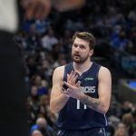 
              Dallas Mavericks guard Luka Doncic (77) question a call during the first half of an NBA basketball game against the Los Angeles Clippers in Dallas, Saturday, Feb. 12, 2022. (AP Photo/LM Otero)
            