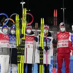 
              From left, Silver medal finishers Finland, gold medal finishers Norway and bronze medal finishers Russian Olympic Committee pose during a venue ceremony after the men's team sprint classic cross-country skiing competition at the 2022 Winter Olympics, Wednesday, Feb. 16, 2022, in Zhangjiakou, China. (AP Photo/Aaron Favila)
            
