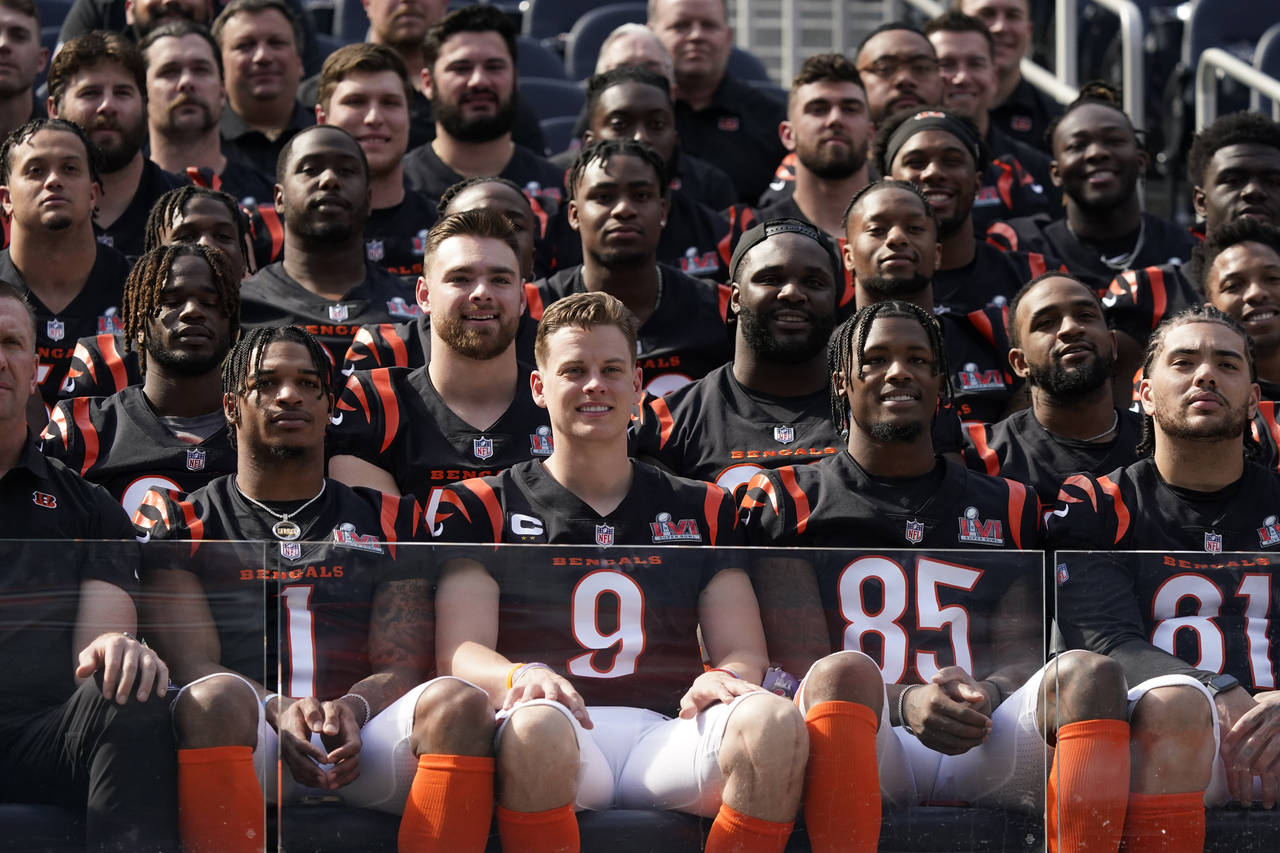 Members of the Cincinnati Bengals smile during a team photo for the NFL football team Saturday, Feb...