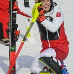 
              Katharina Liensberger, of Austria, celebrates winning the silver medal in the women's slalom at the 2022 Winter Olympics, Wednesday, Feb. 9, 2022, in the Yanqing district of Beijing.(AP Photo/Luca Bruno)
            